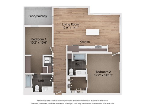 Floor plan for 2 beds, 2 baths, 1097 sqft